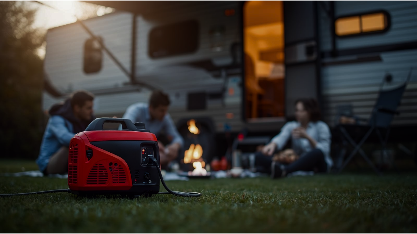 Portable red inverter generator powering an outdoor camping scene with people relaxing near an RV at night