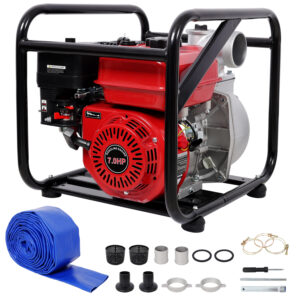 Gas Engine Powered Water Pump 3" inlet&outlet, Flow:264Gpm , 7HP Engine 212CC, EPA Certificated, 3in NPT Connector, with 25FT Flat Hose outlet